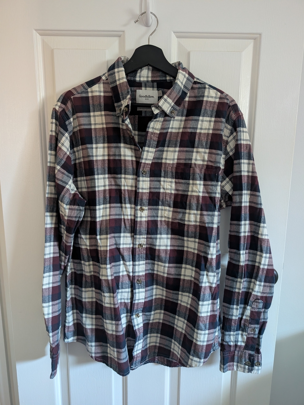Goodfellow & Co Men’s Burgundy Plaid Cotton Button-Up Shirt Size Large